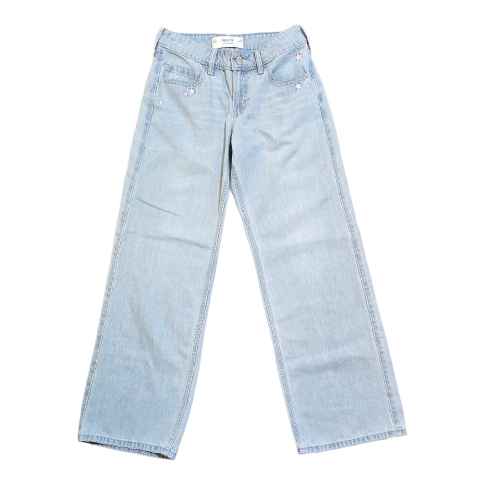 NWT Hollister Low Rise Baggy Embroidered Stars Wide Leg Light Wash Jeans Size 0R